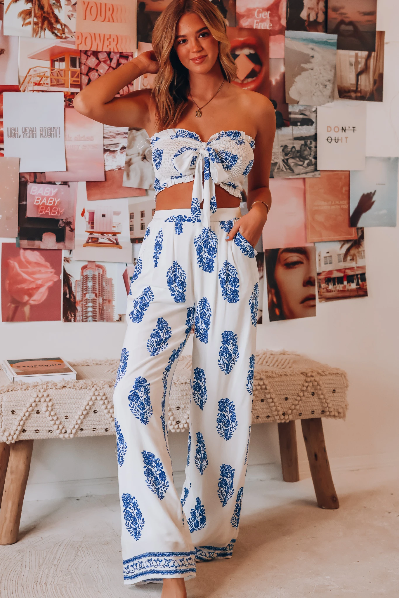 Clothing Two Piece Bow Tank Top Printed Wide Leg Pants Thin Pants