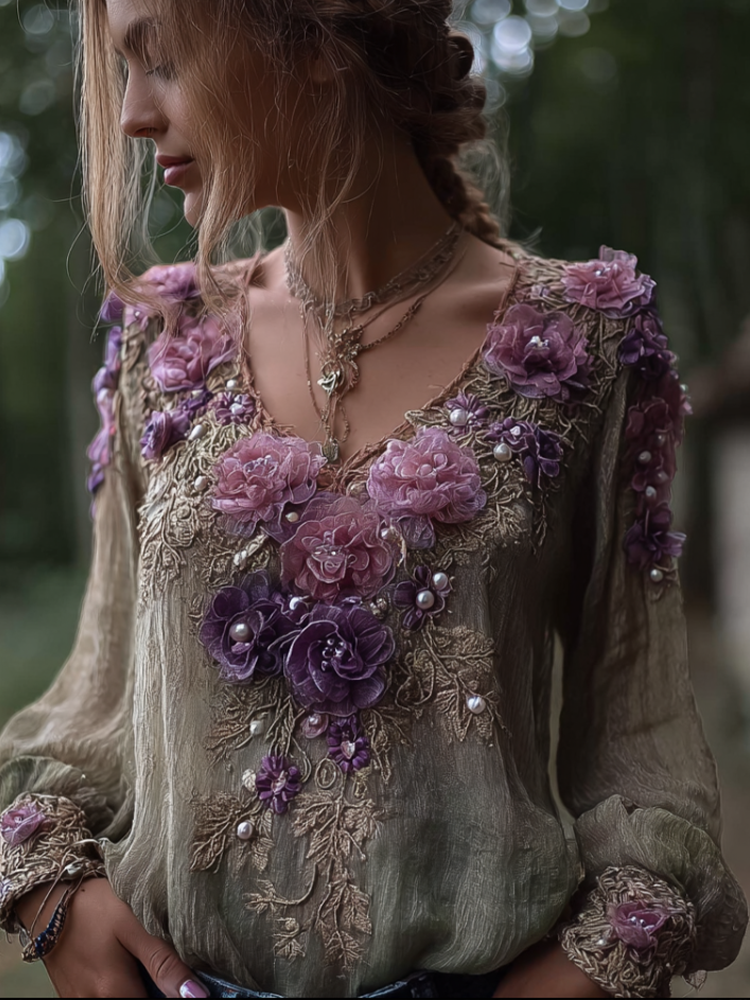 Bohemian Style Round Neck Long Sleeve 3d Purple Flower Design Cotton And Linen Top For Women elevenforest