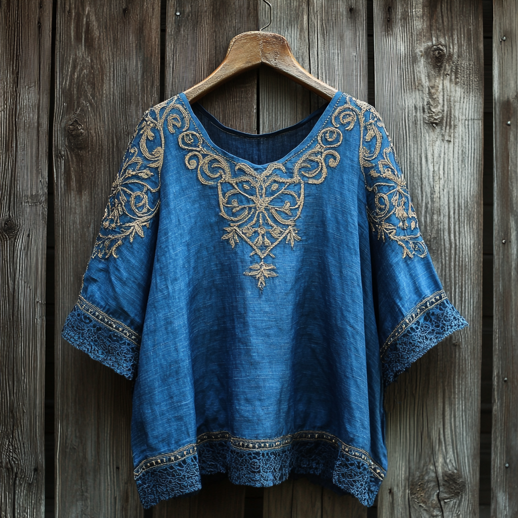 Baroque Print Crew Neck Linen Blend Casual T-shirt elevenforest