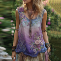 Vintage Classy Gradient Purple Blue Lavender And Floral Embroidered Pattern Linen Tank Top elevenforest