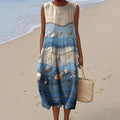 Vintage Loose  Starfish & Sea Shells Sea Waves Art Sleeveless Cotton And Linen Tank Dress elevenforest