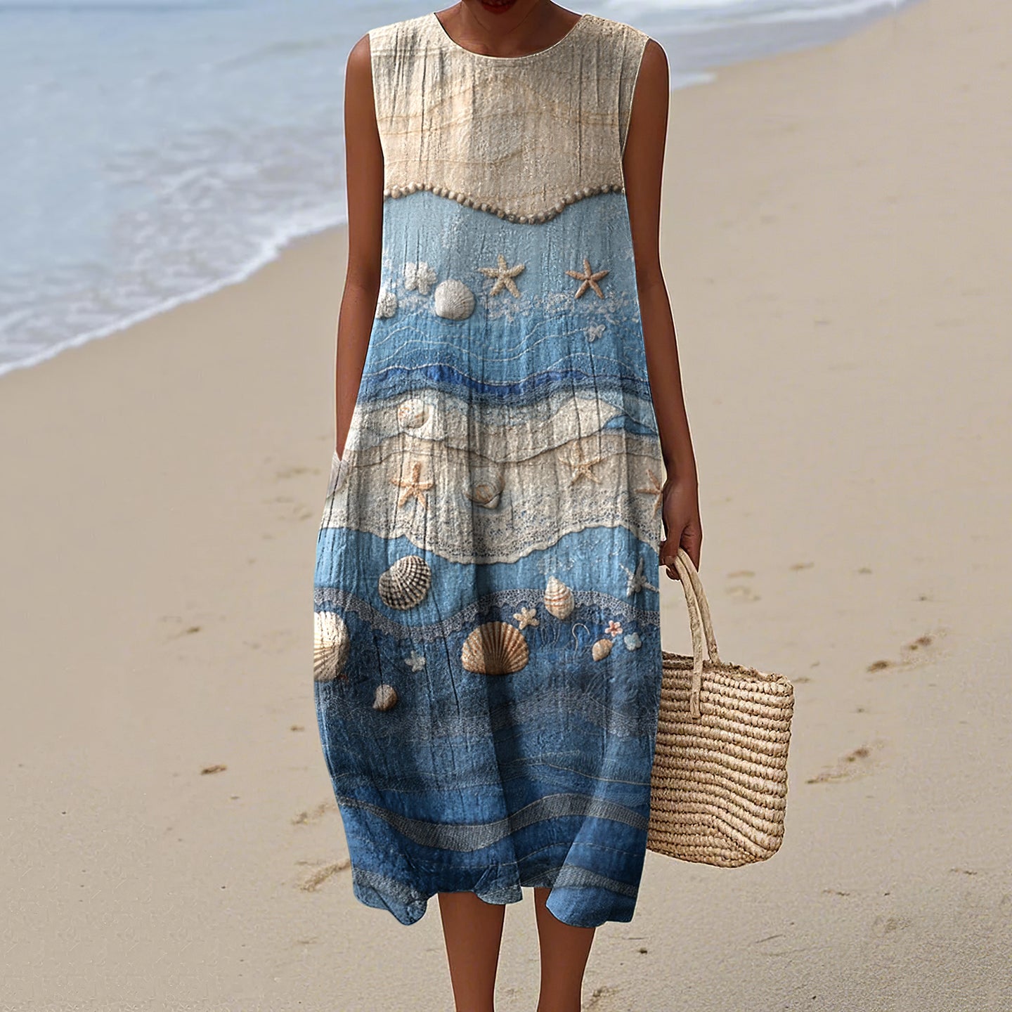 Vintage Loose  Starfish & Sea Shells Sea Waves Art Sleeveless Cotton And Linen Tank Dress elevenforest
