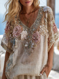 Bohemian Style Breast Cancer Awareness Pink Flower Silver Sequin Small V-neck Short-sleeved Shirt elevenforest