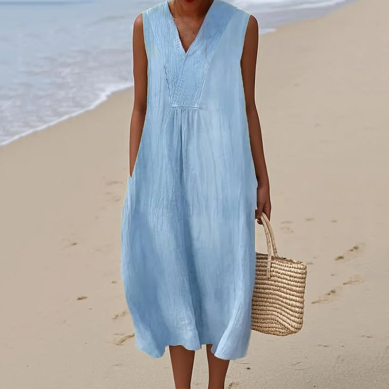 Vintage Solid Color Art Linen And Cotton V Neck Tank Dress elevenforest