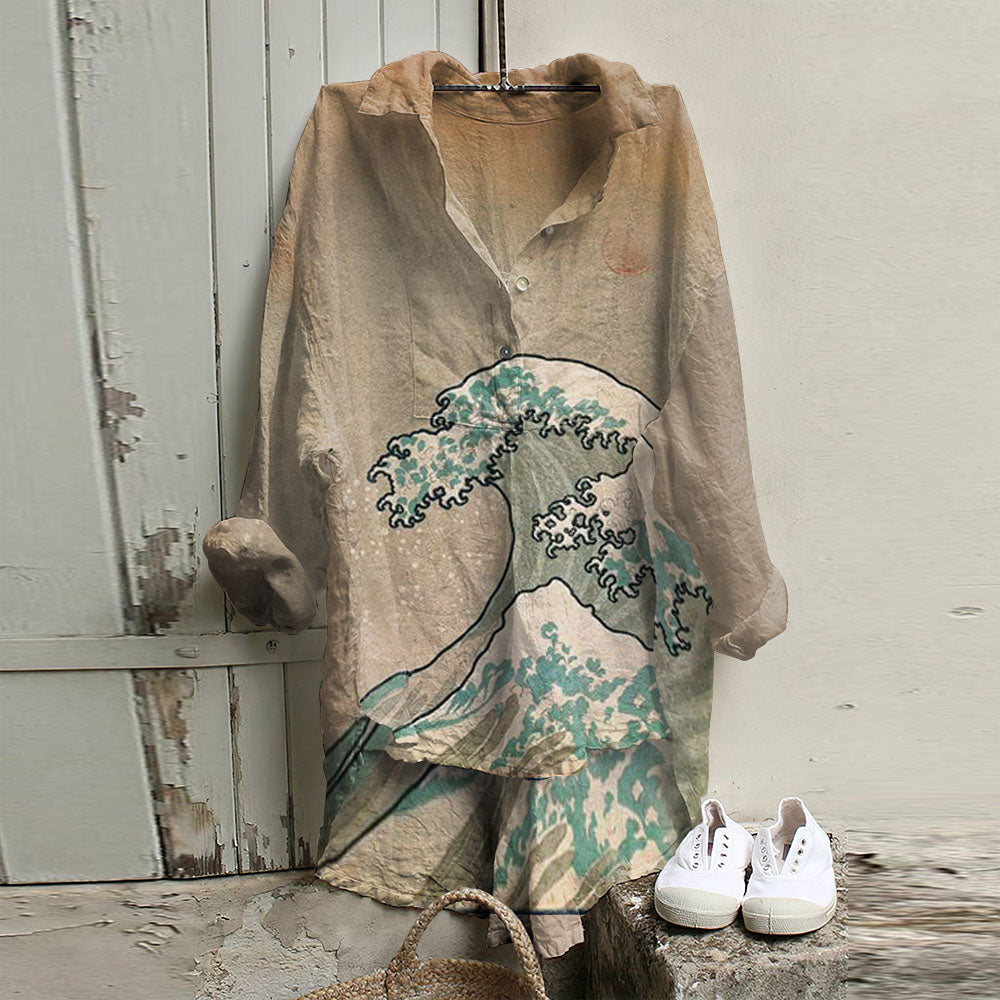 Retro Japanese Ukiyo-E Art Waves Painting Art Woven Tunic elevenforest