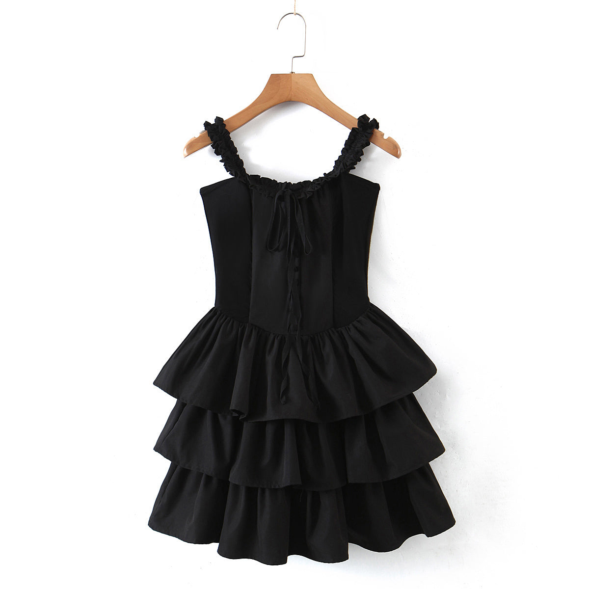 ’s Wooden Ear Strapless Black Slimming Camisole Layer Dress – Crisscross Style