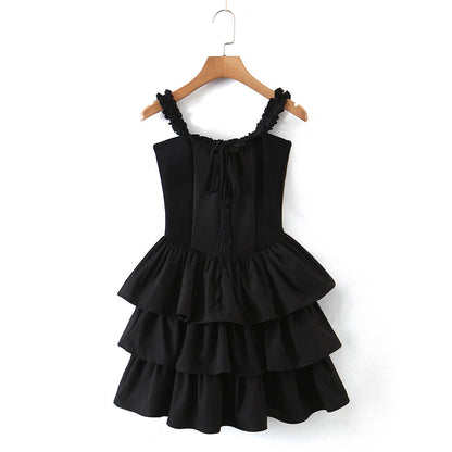 ’s Wooden Ear Strapless Black Slimming Camisole Layer Dress – Crisscross Style