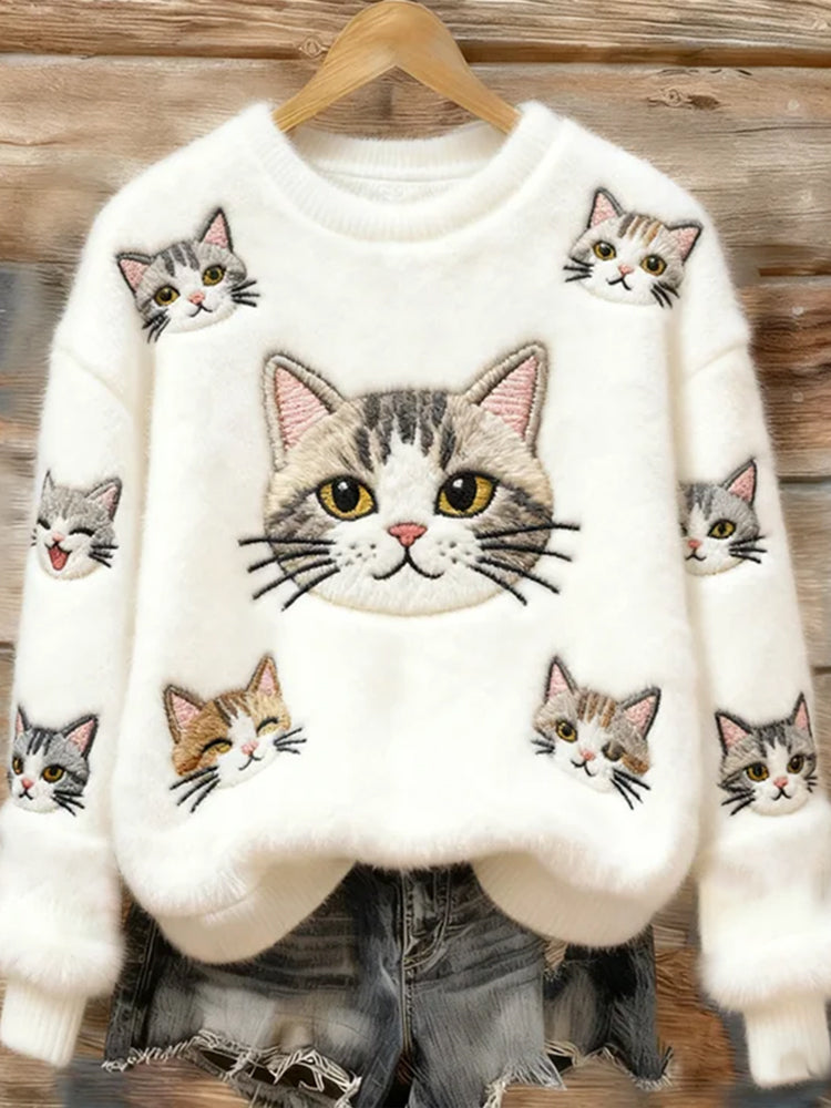 Comstylish Cute Cat With Many Expressions Flannel Round Neck Sweater