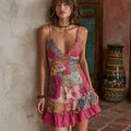 Women's Bohemian Floral Embroidery Art V-neck Linen Blend Suspenders Mini Dress elevenforest