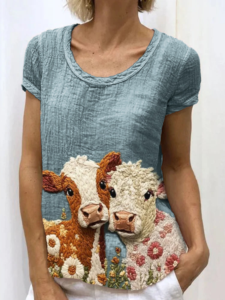 Comstylish Vintage Cows Floral Embroidered Linen Shirt