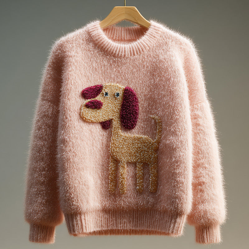 Comstylish Women's Vintage Mohair Dog Embroidered Sweater