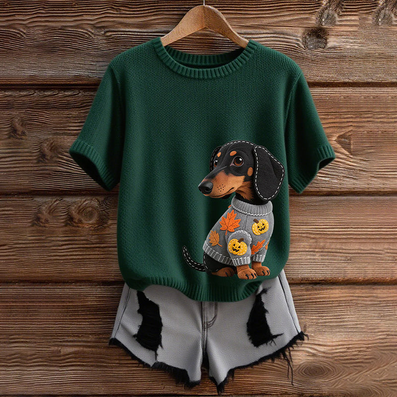 Comstylish Classic Autumn Dachshund With Felt In Autumn Inspired Embroidered Short Sleeve Cozy Knit Sweater