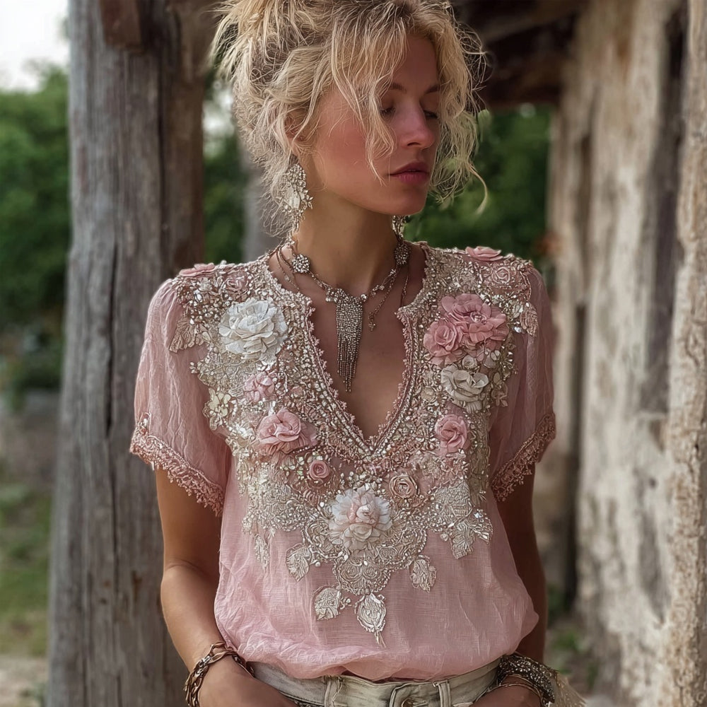 Vintage Pink Boho Floral Embroidered Comfy Linen T Shirt elevenforest