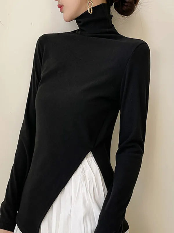 Skinny Long Sleeves Split-side Color High-neck T-shirts Tops