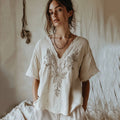 Women's Floral Embroidery Casual Linen Top elevenforest