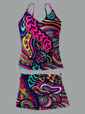V-Neck Vintage Flowers Print Suspender Skirt Tankini Pantskirt Set Swimsuit
