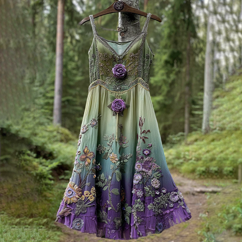 Classy Gradient Purple Lavender And Floral Embroidered Linen Suspender Dress elevenforest