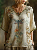 Bohemian Dragonfly Vine Pattern Vintage V-neck Short-sleeved T-shirt elevenforest