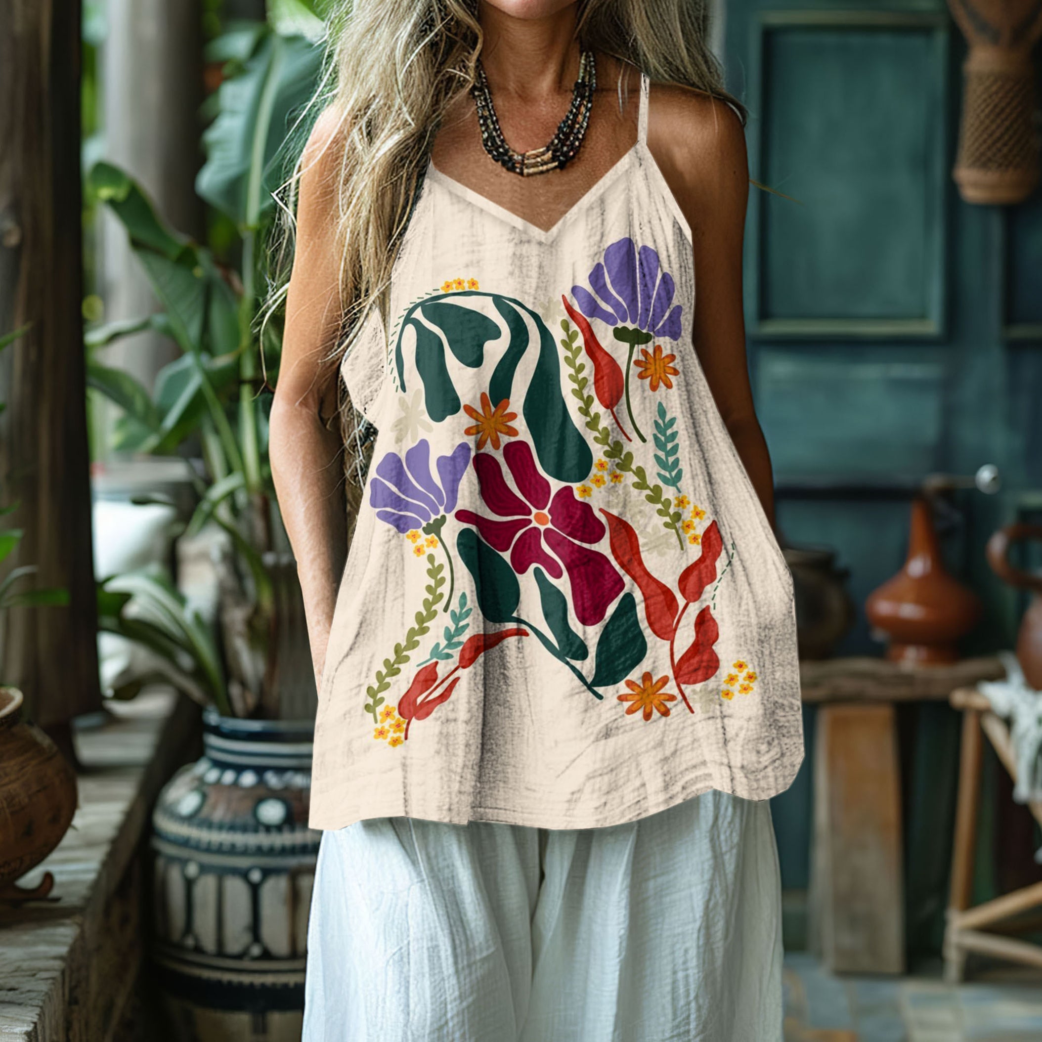 Women's Floral Dog Art Print Cotton And Linen Vest elevenforest