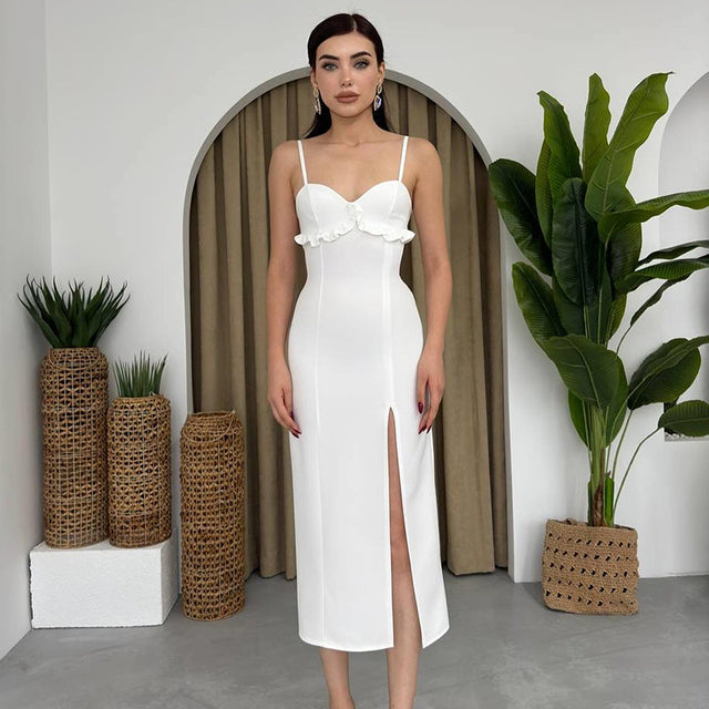 Summer ’s Dress Color Slit Camisole Skinny Ruffle Decoration Wedding Evening Party Outfit