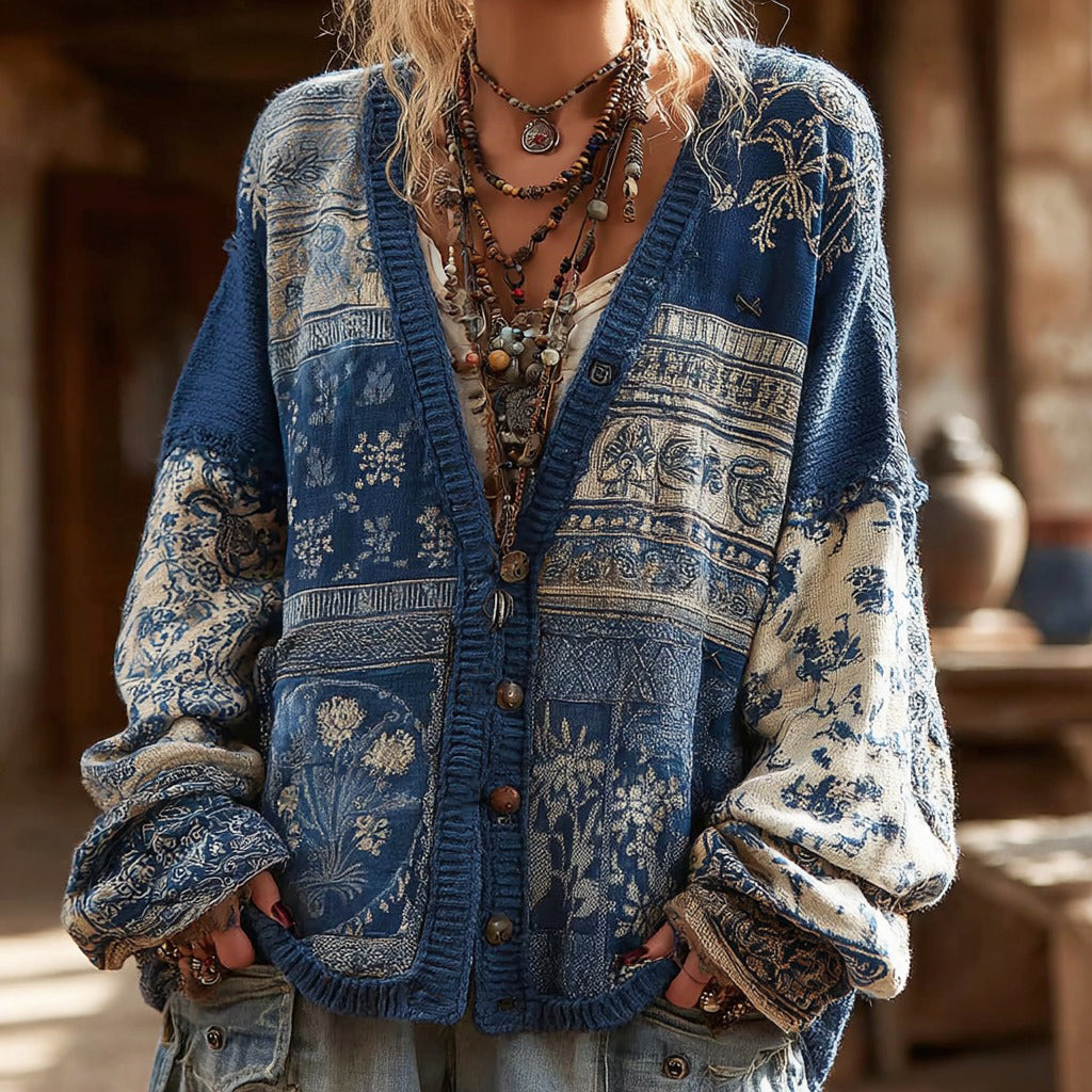 Japanese Cherry Blossom Sashiko Embroidery Knitted Warm Sweater Cardigan elevenforest