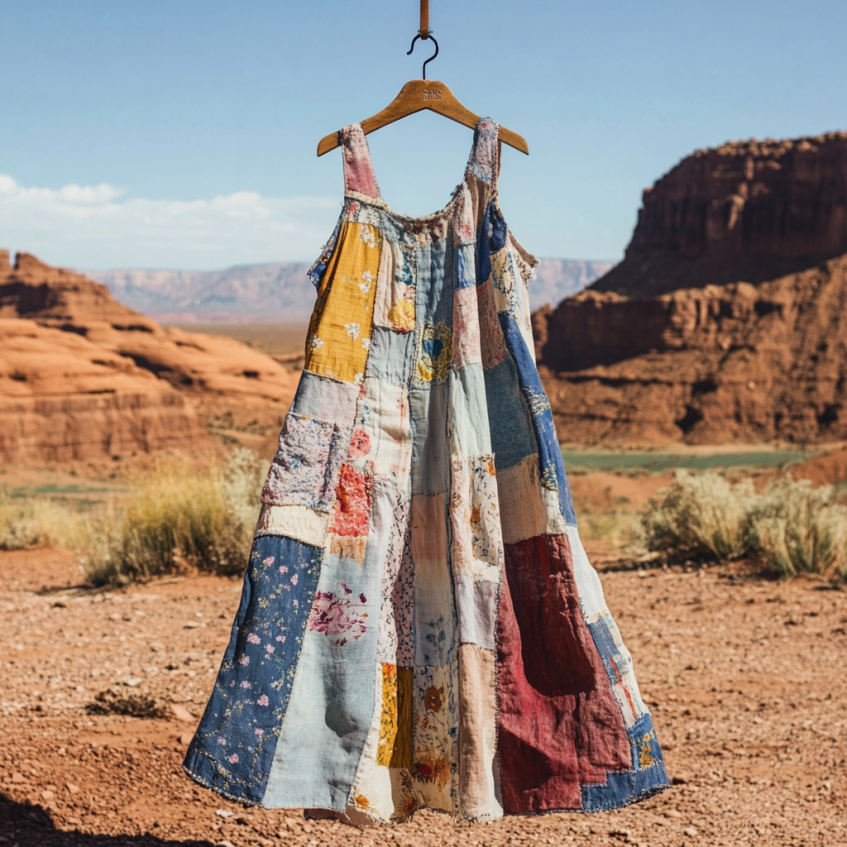 Vintage Loose Floral Applique Patchwork Art Linen Tank Dress elevenforest