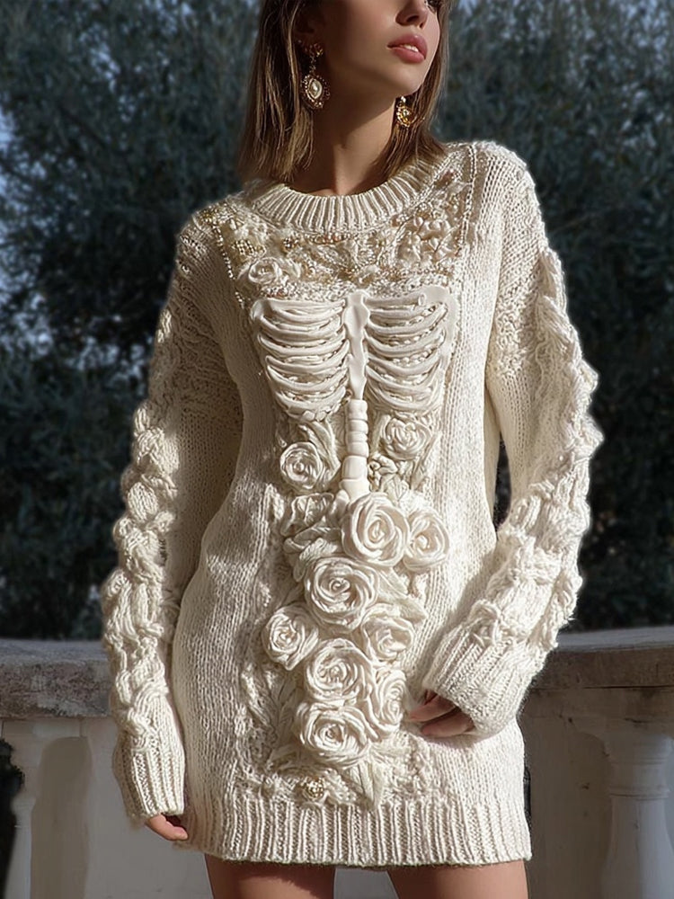 Vintage White Skeleton Roses Crochet Cozy Knit Dress elevenforest
