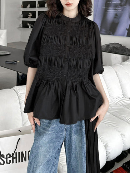 Loose Puff Sleeves Pleated Color Round-neck Blouses&shirts Tops