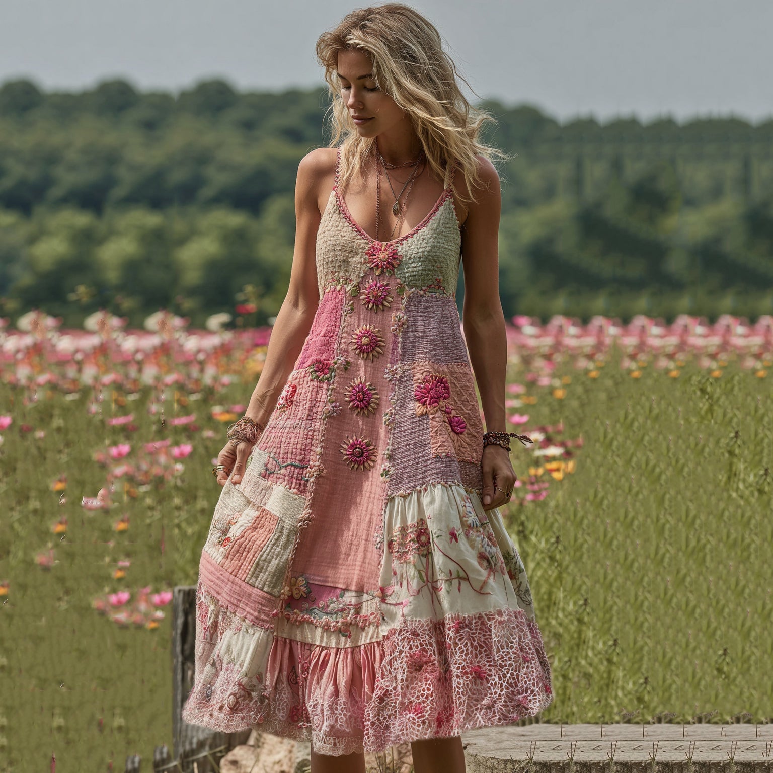 Women's Embroidered Quilted Patch Floral Maxi Dress elevenforest
