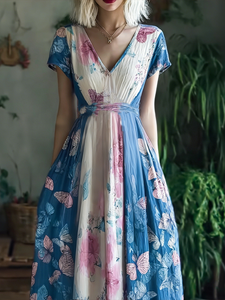 Retro Butterfly Print Transgender Colorblock Patchwork Dress elevenforest