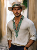 Men's Boho Tropical Embroidered Trim Linen Shirt elevenforest