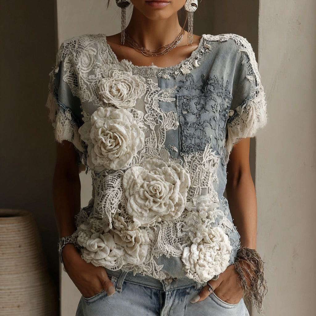 Women's White Rose Paneled Denim Linen T-shirt elevenforest