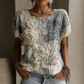 Women's White Rose Paneled Denim Linen T-shirt elevenforest