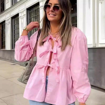 Taruxy Bow Bandage Hollow Shirt for Color Patchwork Long Sleeve Loose Summer Female Club Y2k Top