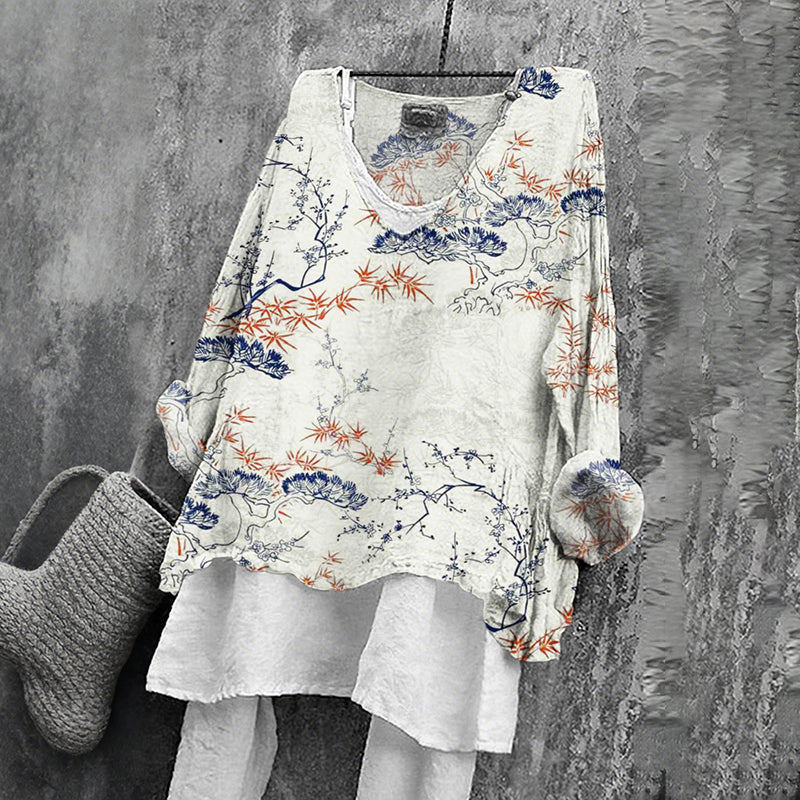 Comstylish Women's Japanese Floral Art Print V-neck Loose T-shirt