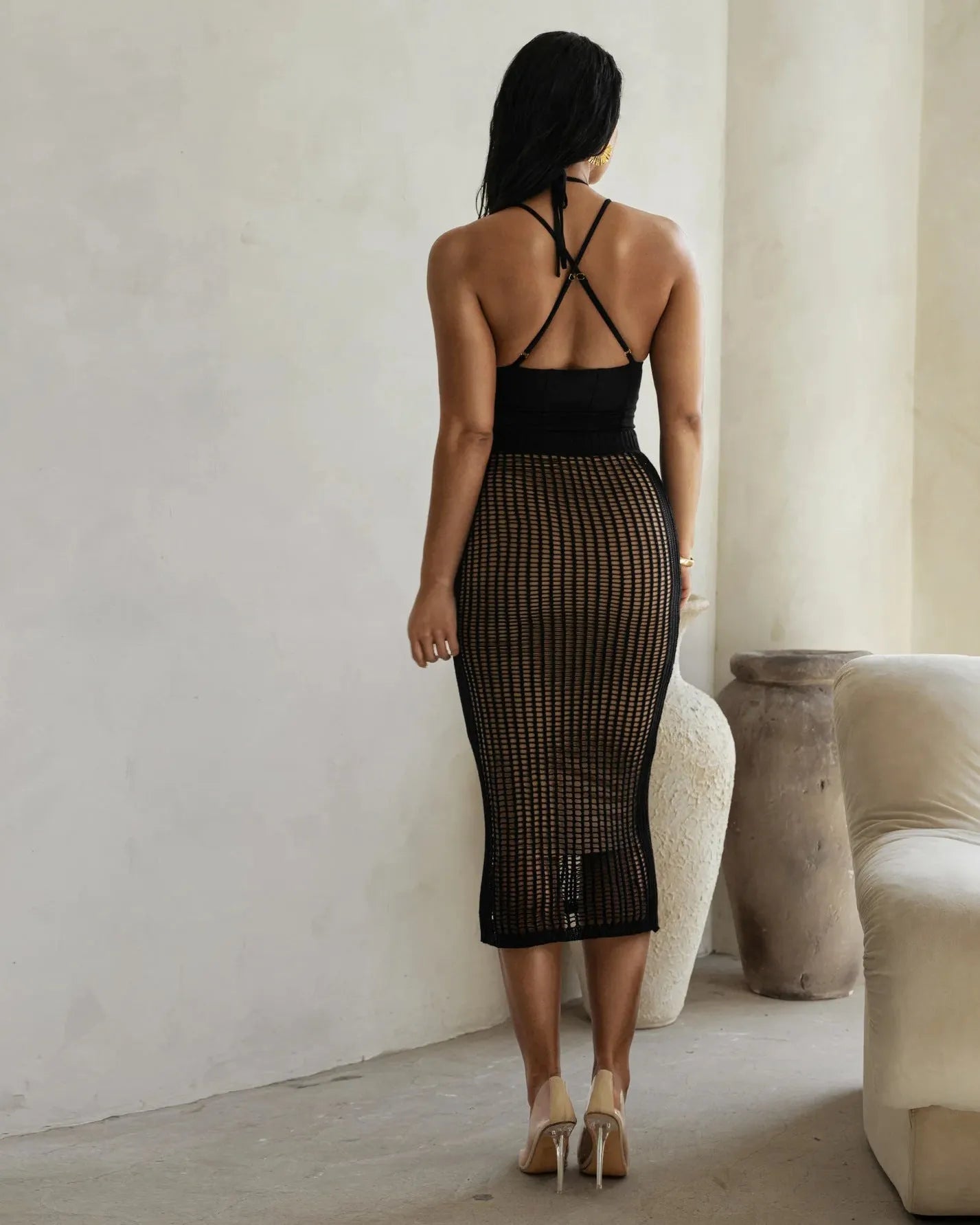 Summer Clothing Sling Bare Back Jumpsuit Hollow Out Knitted Skirt Set