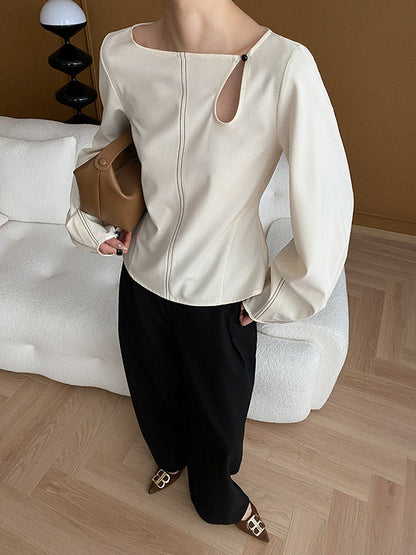 Long Sleeves Loose Asymmetric Belly-hollow Color Round-neck Blouses&shirts Tops