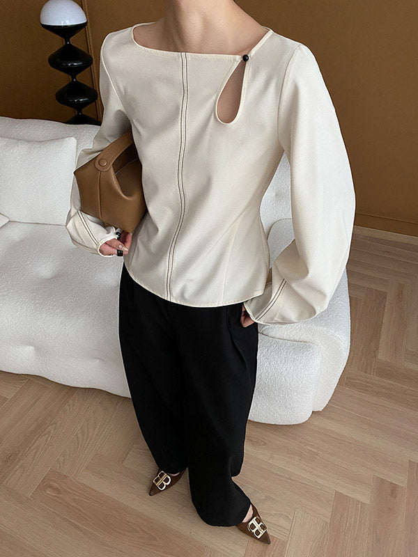 Long Sleeves Loose Asymmetric Belly-hollow Color Round-neck Blouses&shirts Tops