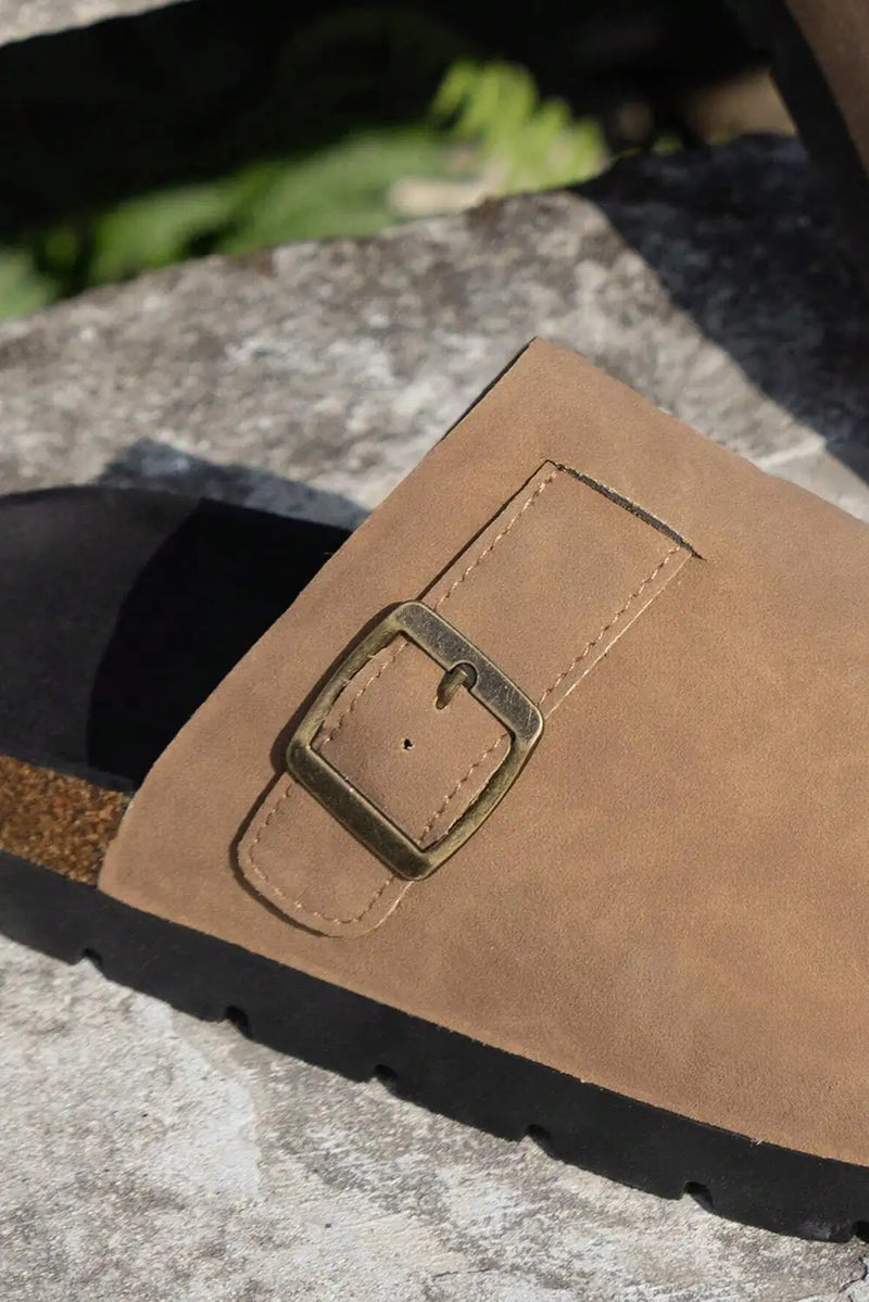 French Beige Suede Buckle Slippers