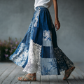 Women's Retro Floral Embroidery Patchwork Art Linen Blend Casual Midi Skirt elevenforest