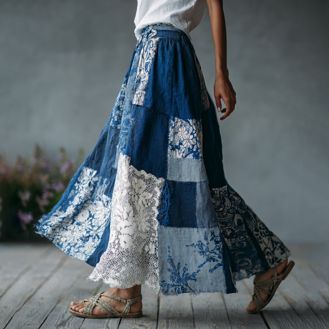 Women's Retro Floral Embroidery Patchwork Art Linen Blend Casual Midi Skirt elevenforest
