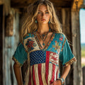 Boho Floral Embroidered American Flag Patchwork Linen Shirt elevenforest
