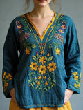 Vintage Floral Embroidered V Neck Linen Blend Tunic elevenforest