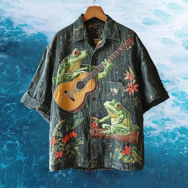 Men's Embroidered Funny Frog Playing Guitar Hawaiian Shirt elevenforest