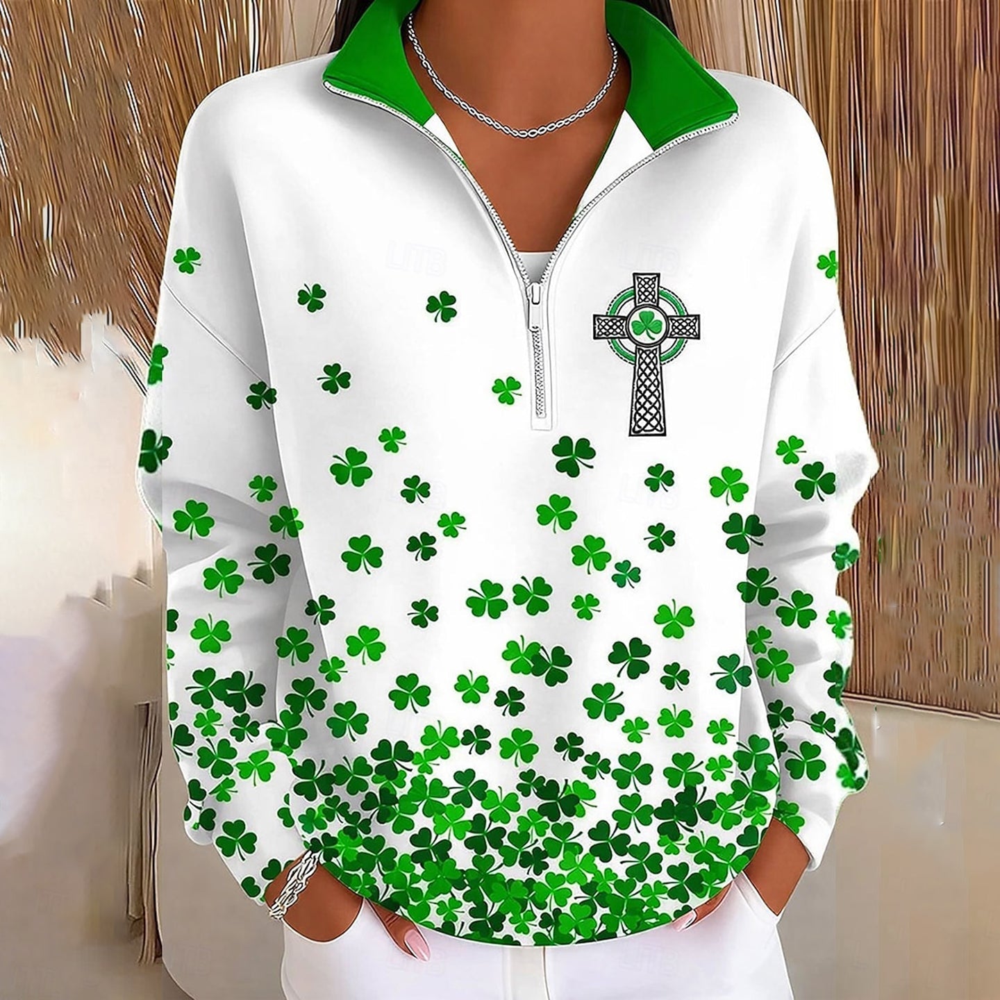 Comstylish Women's St. Patrick's Day Shamrock Print Zip Up Sweatshirt