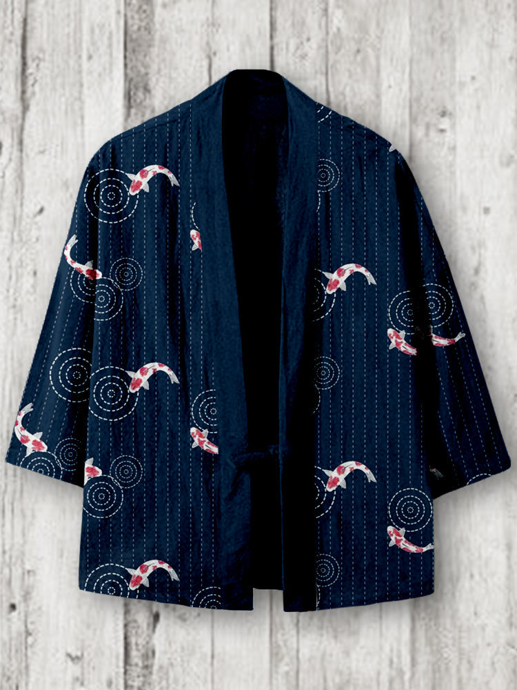 Koi Japanese Sashiko Art Linen Blend Kimono Cardigan elevenforest