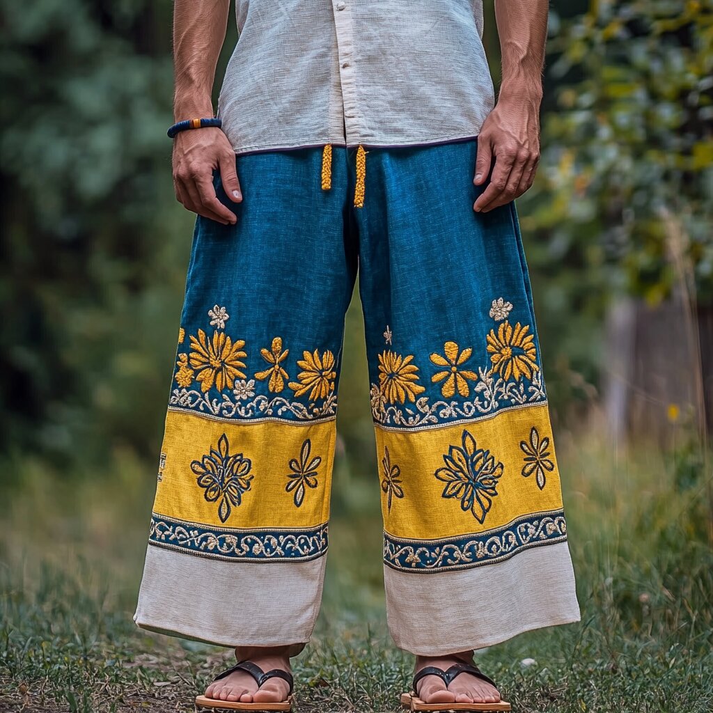 Men's Retro Sunflower Floral Colorblock Casual Pants elevenforest