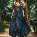 Bohemian Floral Embroidery Sleeveless  Cozy Linen Maxi Dress elevenforest