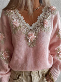 Vintage Pink Flowers Lace V Neck Cozy Knit Sweater elevenforest