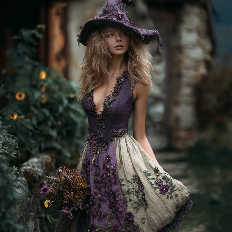 Vintage Purple Floral Contrast Patchwork Flowy Linen Dress elevenforest